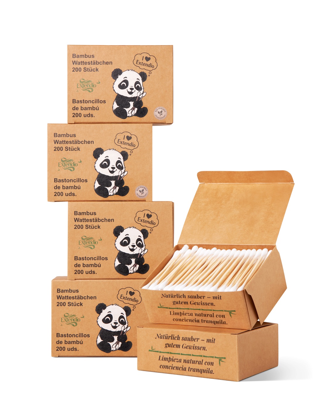 Extendio Bambus-Wattestäbchen, 6 Boxen à 200 Stück